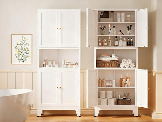 Metal Storage Cabinet, 69" Tall Bathroom Cabinets with 4 Doors & 3 Adjustable Shelves Large Cupboard, White Metal Pantry Cabinets for Kitchen, Home Office, Garage, Warehouse