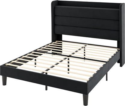 Allewie Queen Size Upholstered Bed Frame with Charging Station & Storage Headboard, Soft Velvet Wingback Platform Bed, Strong Wooden Slats Support, No Box Spring Needed, Easy Assembly, Black