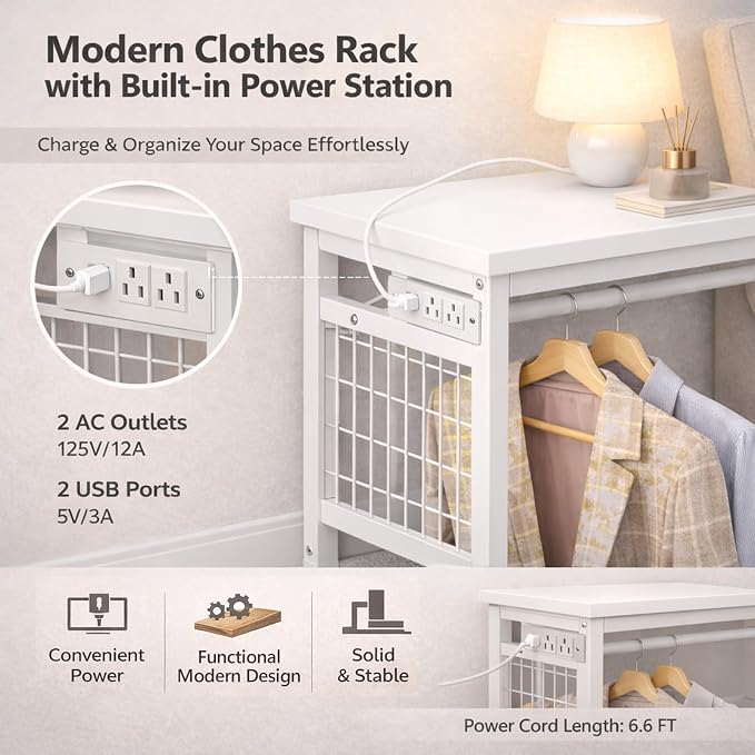 Simple Deluxe Storage Clothes Rack with 6 Drawers, Charging Station & LED Lights, Fabric Chest Shelves Clothing Rack, Wooden Portable Wardrobe Closet, 49.2" W x 15.7" D x 47.2" H, PINK