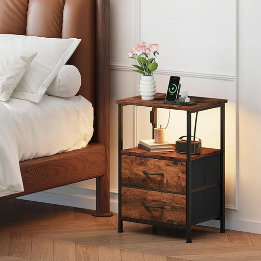 Somdot Nightstands Set of 2,End Tables with Charging Station and LED Lights,Night Stand with 2 Fabric Drawers, Bedside Table for Dorm Guest Room Bedside Kids Entryway Hallway, Wood Grain Print