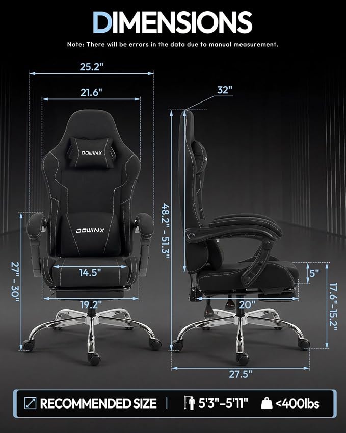 Dowinx Ergonomic Gaming Chair with Footrest & Massage Lumbar, 2D-Linkage Armrests for Computer Chair 330lbs with Headrest Pillow for Office, Home, Streaming and Long Gaming Sessions, Fabric Black