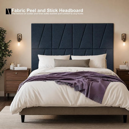 Peel and Stick Headboard Panels for Bed，Soft Padded Fabric Noise-Reducing Panels with Modern Stylish Design for Bedroom Decor (Dark Blue, Queen)
