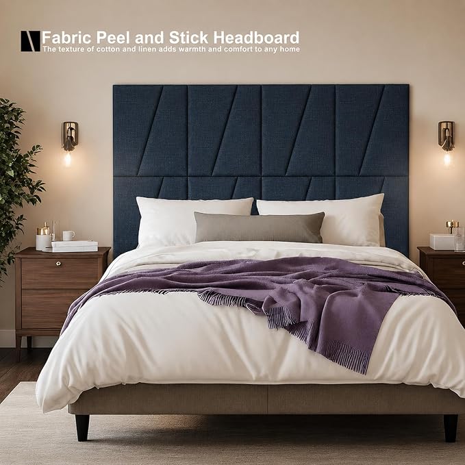 Peel and Stick Headboard Panels for Bed，Soft Padded Fabric Noise-Reducing Panels with Modern Stylish Design for Bedroom Decor (Dark Blue, King)