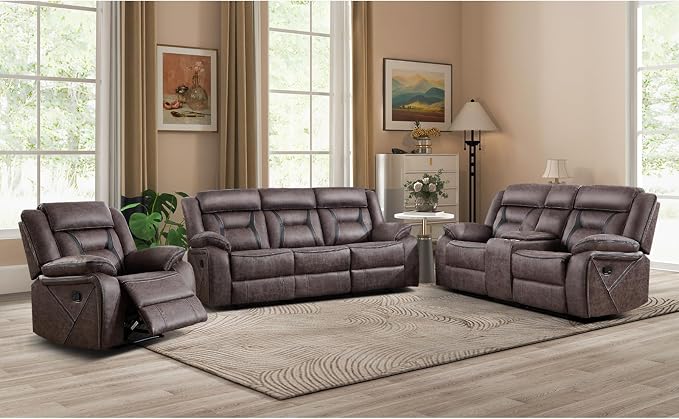 EBELLO Faux Leather Recliner Sofa Furniture Set for Living Room, Recliner Chair, Manual Loveseat, 3 Seat Recliniing Sofa Couch Set for Meeting Room, Grey