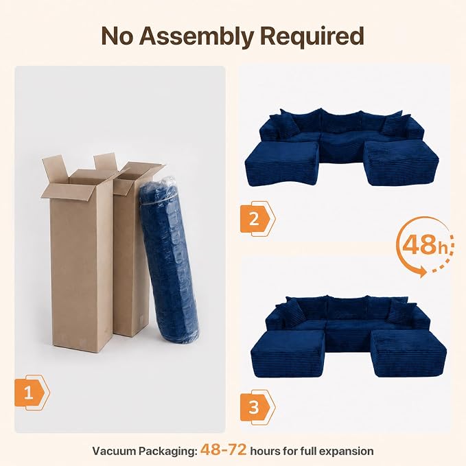 Claiks 94" Boneless Couch, Cloud Couch Sectional, U-Shape Corduroy Modular Sectional Sofa Deep Seat, Upholstered Couches for Living Room, No Assembly Required, Blue