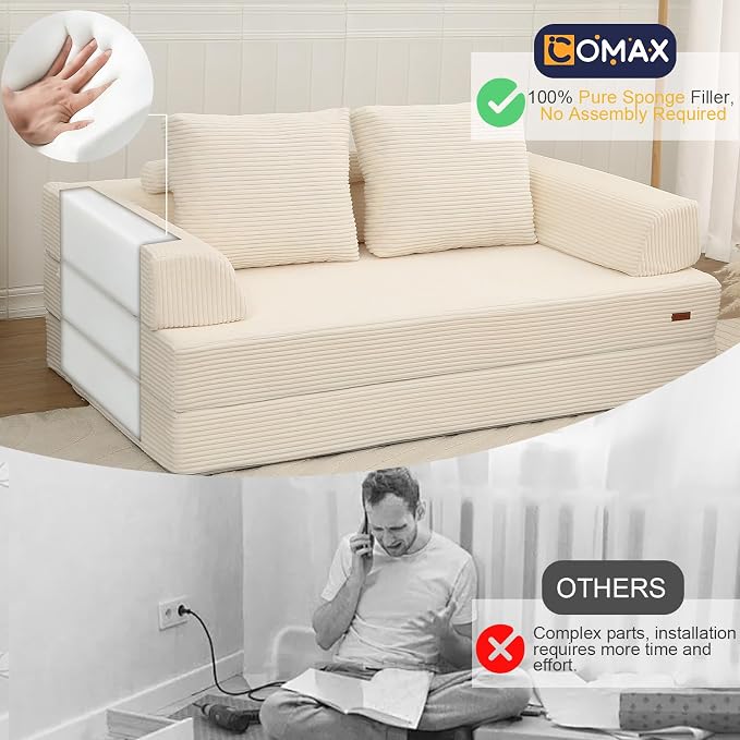 COMAX Futon Sofa Bed, Convertible Sofa Bed, Folding Boneless Couches | Boneless Couch for living room, 4‑in‑1 Fold Out Small Foldable Loveseat Floor Sleeper Mattress Lounge Space‑Saving, Beige