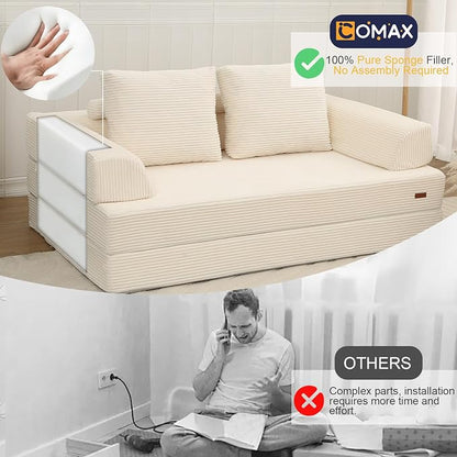 COMAX Futon Sofa Bed, Convertible Sofa Bed, Folding Boneless Couches | Boneless Couch for living room, 4‑in‑1 Fold Out Small Foldable Loveseat Floor Sleeper Mattress Lounge Space‑Saving, Beige