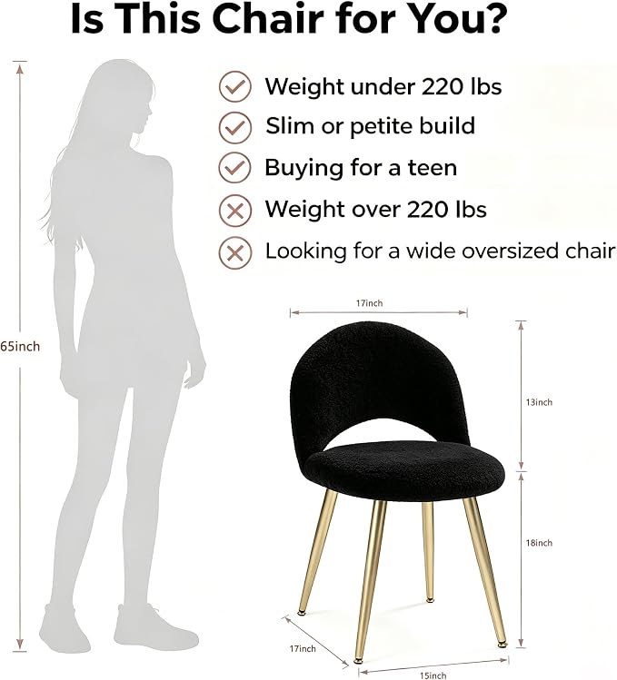 Vanity Chair with Adjustable Backrest, Boucle Upholstery Armless Makeup Stool, Black Sherpa Vanity Stool with Gold Metal Legs for Bedroom Living Room Kitchen Dinning Room (Gold and Black)