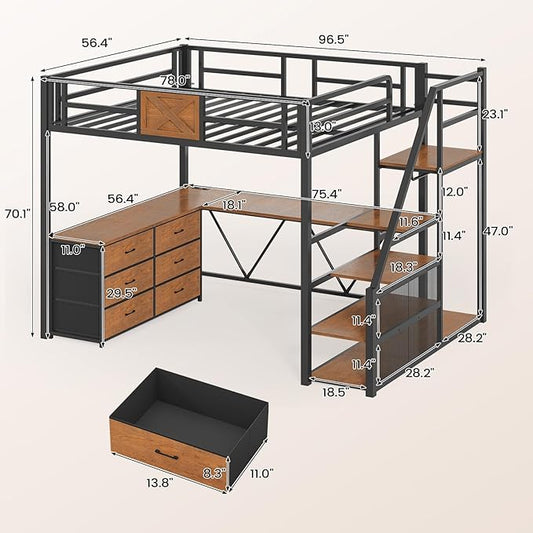 Itaar Full Size Loft Bed with Desk and Storage Stairs, Metal Loft Bed with 6 Storage Drawers, Hall Tree, LED Lights and Power Outlet, for Kids, Teens, Adults, (Rustic Brown, Full)