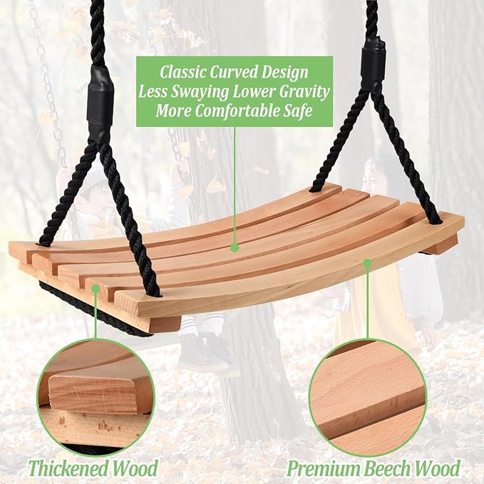 Taeku Adult Tree Swing, Hanging Beech Wood Swings with Adjustable Rope Garden Chair Seat Swing for Indoor Outdoor (22''x10'')