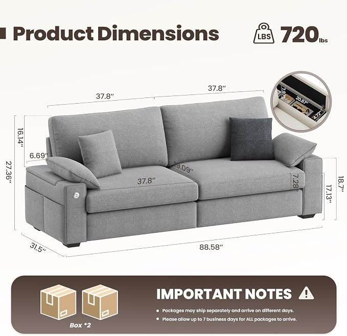 MALOL 89" Loveseat Couch, 3 Seater Upholstered Midcentury Mondern Love Seat with USB Type C Ports, 4 Pillows and Storage Armrest Cloud Foam Sofa for Living Room/Small Spaces, Grey | Breathable material