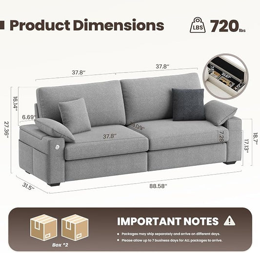 MALOL 89" Loveseat Couch, 3 Seater Upholstered Midcentury Mondern Love Seat with USB Type C Ports, 4 Pillows and Storage Armrest Cloud Foam Sofa for Living Room/Small Spaces, Grey | Breathable material