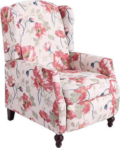 Upholstered Wingback Recliner Chair, Mid Century Modern Manual Push Back Recliner for Living Room, Bedroom (1, Red Floral)