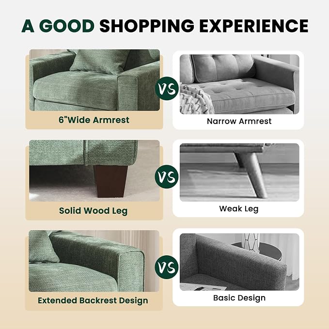 DOPEDIO Modern Living Room Sofa Set, 88.58" Chenille Loveseat with 2 Accent Chairs, Removable Covers, Spring Cushions, Solid Wood Frame, Easy Assembly（88.58inch+2 Single,Green）