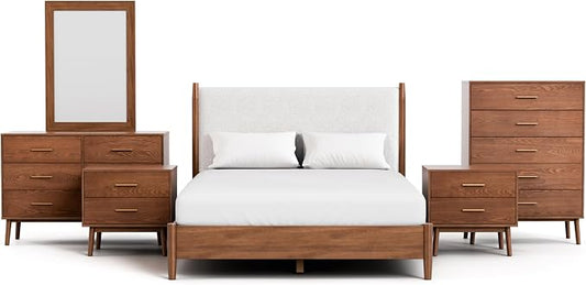 Furniture of America Wyatt Modern Solid Wood Bedroom Collection with Queen Bed Frame, Nightstands, Dresser with Mirror, Chest, No Box Spring Needed, Walnut, Boucle Platform, 6-Piece Set