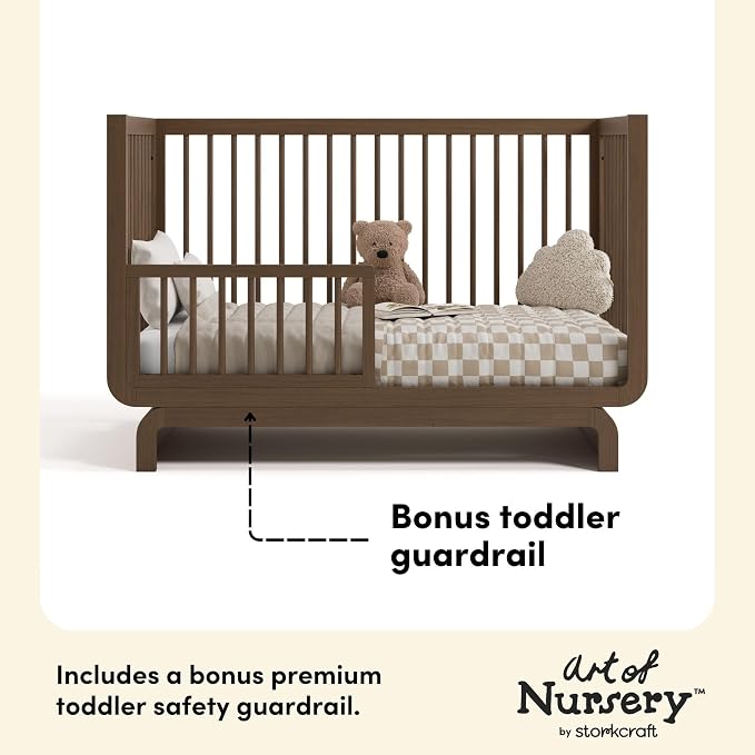 Storkcraft Santorini 5-in-1 Convertible Crib with Toddler Guardrail – GREENGUARD Gold Certified, Conversion Kit Included, 100% Solid Wood, Fits Standard Crib Mattress (Hazelnut)