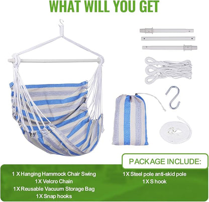 Backyard Expressions Striped Hammock Chair Hanging Rope Swing Chair, Anti Slip Steel Spreader Bar