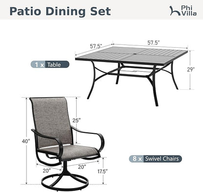 PHI VILLA Outdoor Dining Set for 8, Swivel Mesh Chairs & Square Table,Brown | Textilene chairs and large 57.5'' metal table with umbrella hole. All-weather patio furniture set designed for patio, deck