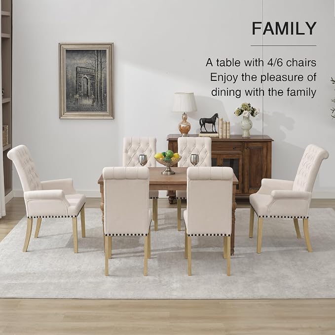 adochr Dining Chairs with Arms, Upholstered Linen Dining Room Chairs with Solid Wood Legs, Accent Armchair for Kitchen Dining Living Room, Beige