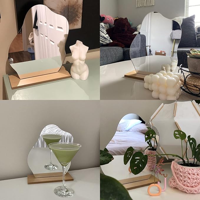 Irregular Aesthetic Vanity Mirror Frameless, Decorative Desk Tabletop Acrylic Mirrors with Wooden Stand for Living Room, Bedroom, Office and Minimal Spaces Home Decor - Cloud Shape