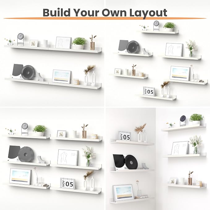 upsimples Floating Shelves for Wall, 23.6 Inch Shelves for Decor Storage Set of 6, Wall Mounted Wood Shelf for Bedroom, Living Room, Bathroom, Kitchen, Long Picture Ledge Shelves, White