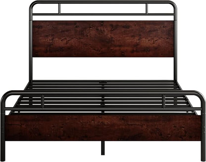 SHA CERLIN Queen Size Bed Frame with Wooden Headboard and Footboard, Rounded Corner Metal Structure, Heavy Duty Slats with Under-Bed Storage, No Box Spring Needed, Mahogany