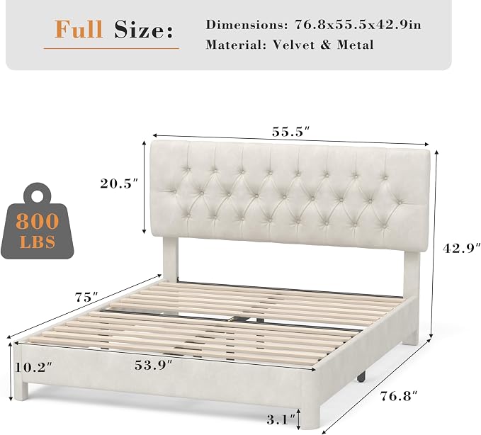 Full Size Bed Frame with Headboard, Luxury Velvet Fabric Upholstered Bed frame with Button Tufted Design, Strong Wooden Slats Support - Low & Sturdy, Noise-Free, No Box Spring, Easy Assembly, Beige | Plush velvet