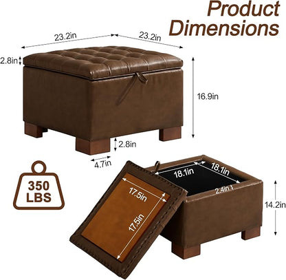 WUTUTUEE 24" Faux Leather Square Storage Ottoman with Wooden Tray, Modern Tufted Button Footstool Coffee Table, Upholstered Small Ottoman for Living Room, Bedroom, Coffee