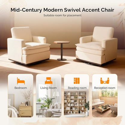 VINGLI Mid-Century Modern Single Swivel Armchair, 360° Swivel Accent Chair, Double-Layer Seat Cushions, Upholstered Square Club Chair for Living Room, Bedroom, Reading Room,Chenille Beige