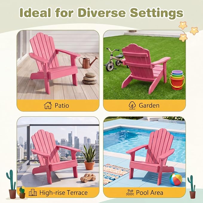 Giantex Kids Adirondack Chair, All-Weather HIPS Children's Outdoor Chair with Tilted High Backrest, Toddler Beach Chair for Garden Patio Backyard, Kids Lawn Chairs for Age 3-7 (1,Pink)