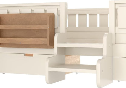 Bellemave Twin Size Kids Bed with high Rails and with Built-in Bookshelf and Drawers for Kids, Girls, Boys, Wood Montessori Bed Without Door, Beige