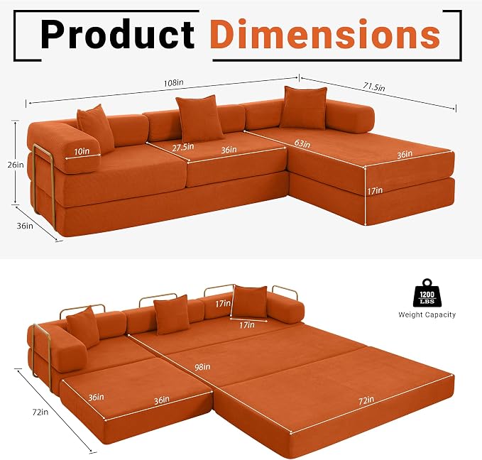 ivoros 108" Oversized Convertible Sleeper Sofa Bed, Corduroy L Shape Sectional Couch, Folding Sofa Bed with Fixed-Shape Frame, Modern Cloud Floor Mattress Couch, Modular Sofa for Living Room, Orange
