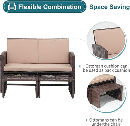 OC Orange-Casual Outdoor Loveseat 3 Piece Patio Furniture Set Outdoor Conversation Set All-Weather Wicker Love Seat with Ottoman/Side Table, Brown Rattan, Beige