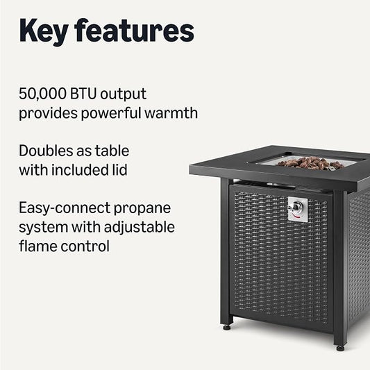 Amazon Basics Fire Table, 50,000 BTU, 28" D x 28" W x 25" H, Black, 1 Pack