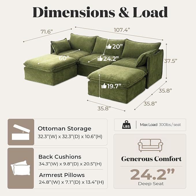 Cloud Modular Sectional Sofa, Oversized Deep Seat Comfort, Luxe Chenille | Fully Removable Washable Covers, Memory Foam Seat Cushions, Storage Ottoman, Premium Fabric