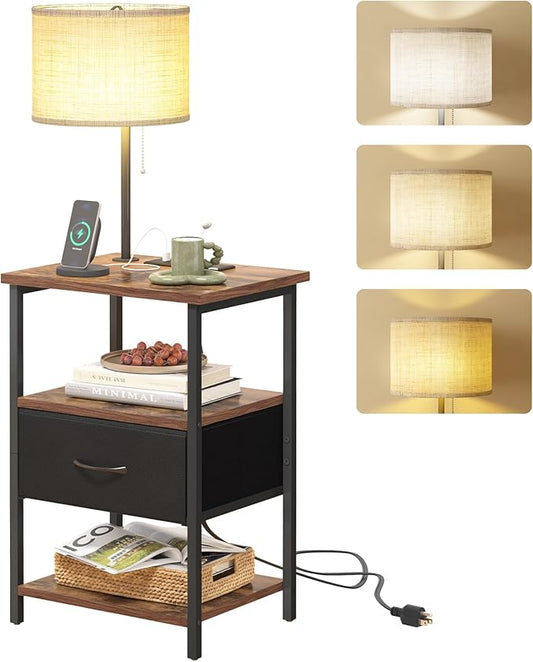 Fixwal Nightstand with Lights Bedside Table with 3 Color Temperatures Bulb, Night Stand with Charging Station End Table with Adjustable Fabric Drawer for Bedroom Dorm