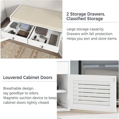 WARMHONIU Shoe Storage Bench with 2 Drawers, Entryway Bench with Cushion, Adjustable Shelves, Shoe Rack Bench with Louvered Doors for Entryway, Bedroom, Hallway, White