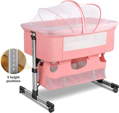 Soobaby Baby Crib,3 in 1 Bedside Crib Adjustable Portable Bed for Infant,Baby Bassinet Newborn Must Have Bed,Pink
