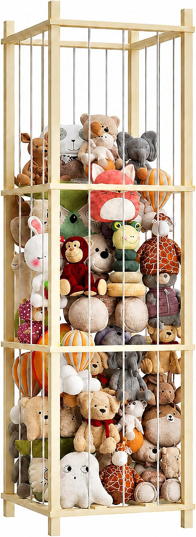 Solid Pine Stuffed Animal Storage, 56" Large Wooden Toy Organizer Tower | 100% solid pine, extra-wide & high open design. Whole rope hand-polished. Holds large plush toys for kids playroom bedroom