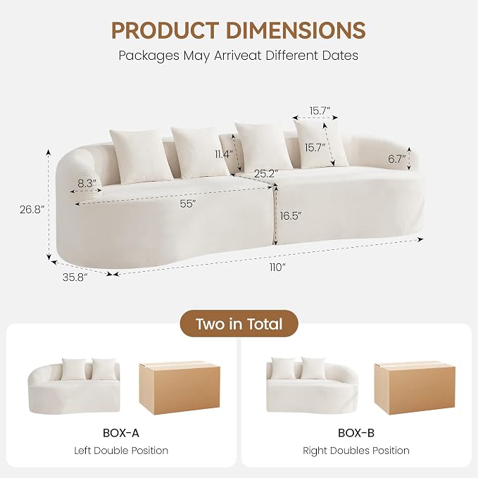 110" Boneless 4 Seater Sectional Sofa, Chenille Oversized Curved Cloud Couch, Modern 4-Seater Deep Seat Couches for Living Room, No Assembly, Beige