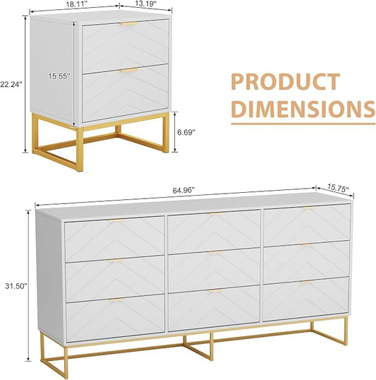 Anbuy Morden 9 Drawer Dresser and Nightstand Sets for Bedroom, Night Stand Set of 2 & 9 Drawer Dresser with Gold Handles, Morden Wood Chest of Drawers Storage Cabinet Set, White