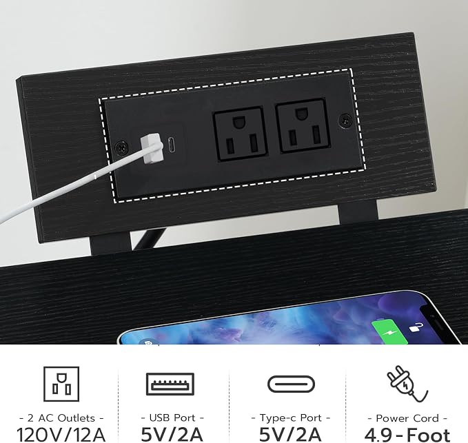 HOOBRO Nightstand with Charging Station, Bedside Table with LED Lights and 2 Fabric Drawers, End Table with 2 AC Outlets and USB Port, Small Night Stand for Bedroom, Black BB118UDBZ01