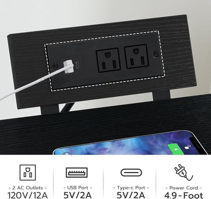 HOOBRO Nightstand with Charging Station, Bedside Table with LED Lights and 2 Fabric Drawers, End Table with 2 AC Outlets and USB Port, Small Night Stand for Bedroom, Black BB118UDBZ01