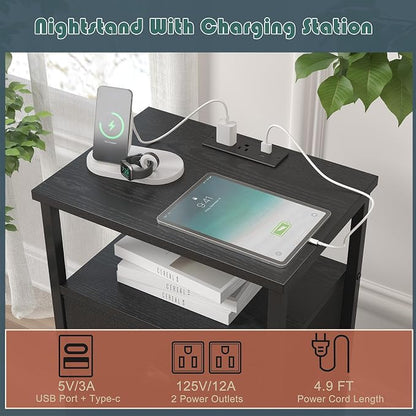 sthmec Nightstand with Charging Station,LED Black Nightstands with 5 Fabric Drawers PU Finish, Bedside End Tables, 2-Tier Open Storage Shelf Side Table Nightstand with Drawers for Bedroom, Black