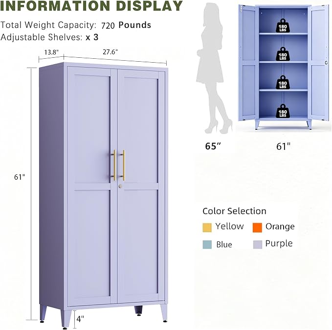 61" H Purple Metal Storage Cabinet with Door and 3 Adjustable Shelves Kitchen Pantry Cabinet with 2 Gold Handles Tall Metal Pantry Cabinet Freestanding Cupboard For Dining Room Living Room Bathroom ﻿