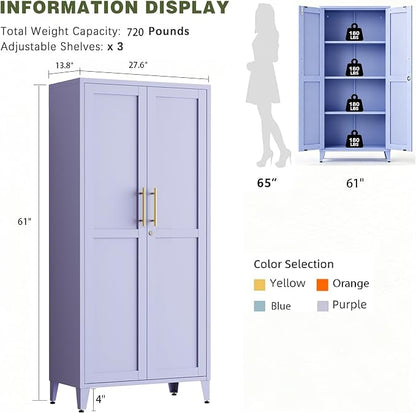 61" H Purple Metal Storage Cabinet with Door and 3 Adjustable Shelves Kitchen Pantry Cabinet with 2 Gold Handles Tall Metal Pantry Cabinet Freestanding Cupboard For Dining Room Living Room Bathroom ﻿