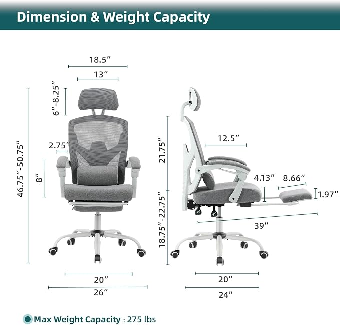 DUMOS Office Desk Computer Chair with Footrest, Ergonomic Mesh Swivel Gaming Chair with Rolling Wheels, Comfortable Headrest, Lumbar Support, Comfy for Home, Office, Task, Student, Elegant Grey