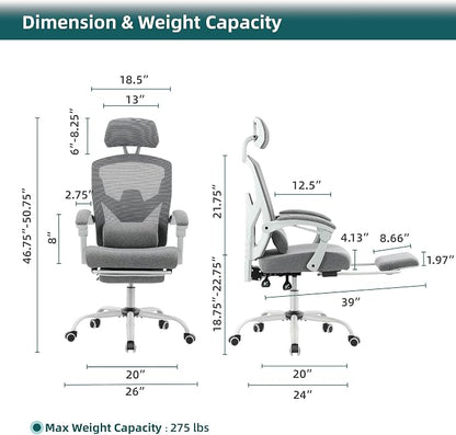 DUMOS Office Desk Computer Chair with Footrest, Ergonomic Mesh Swivel Gaming Chair with Rolling Wheels, Comfortable Headrest, Lumbar Support, Comfy for Home, Office, Task, Student, Elegant Grey