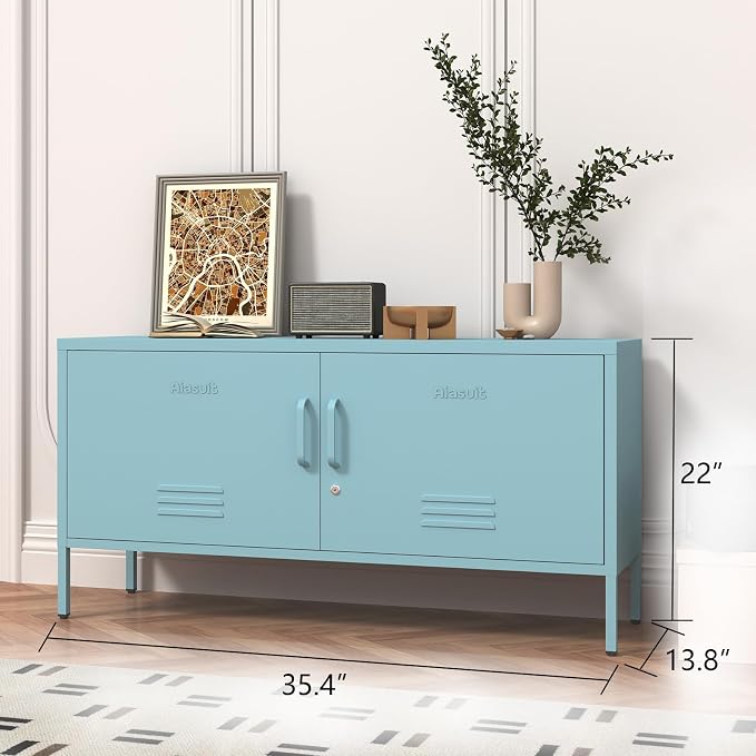 Wide Lockable Metal TV Stand with Accent Cabinet Locker, Heavy Duty Entertainment Center for Bedroom, Adjustable Shelves & 2 Doors, Multifunctional Storage Cabinet for Home 22"H X 35.4"W X 13.8"D