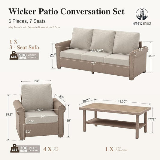 HERA'S HOUSE Patio Furniture Set, 4 x Cushioned Chairs, 3-Seat Sofa with Wood Grain Coffee Table, 5 Seats Luxury Windsor Style All Weahter Outdoor Sofa Conversation Set for Deck Lawn Backyard